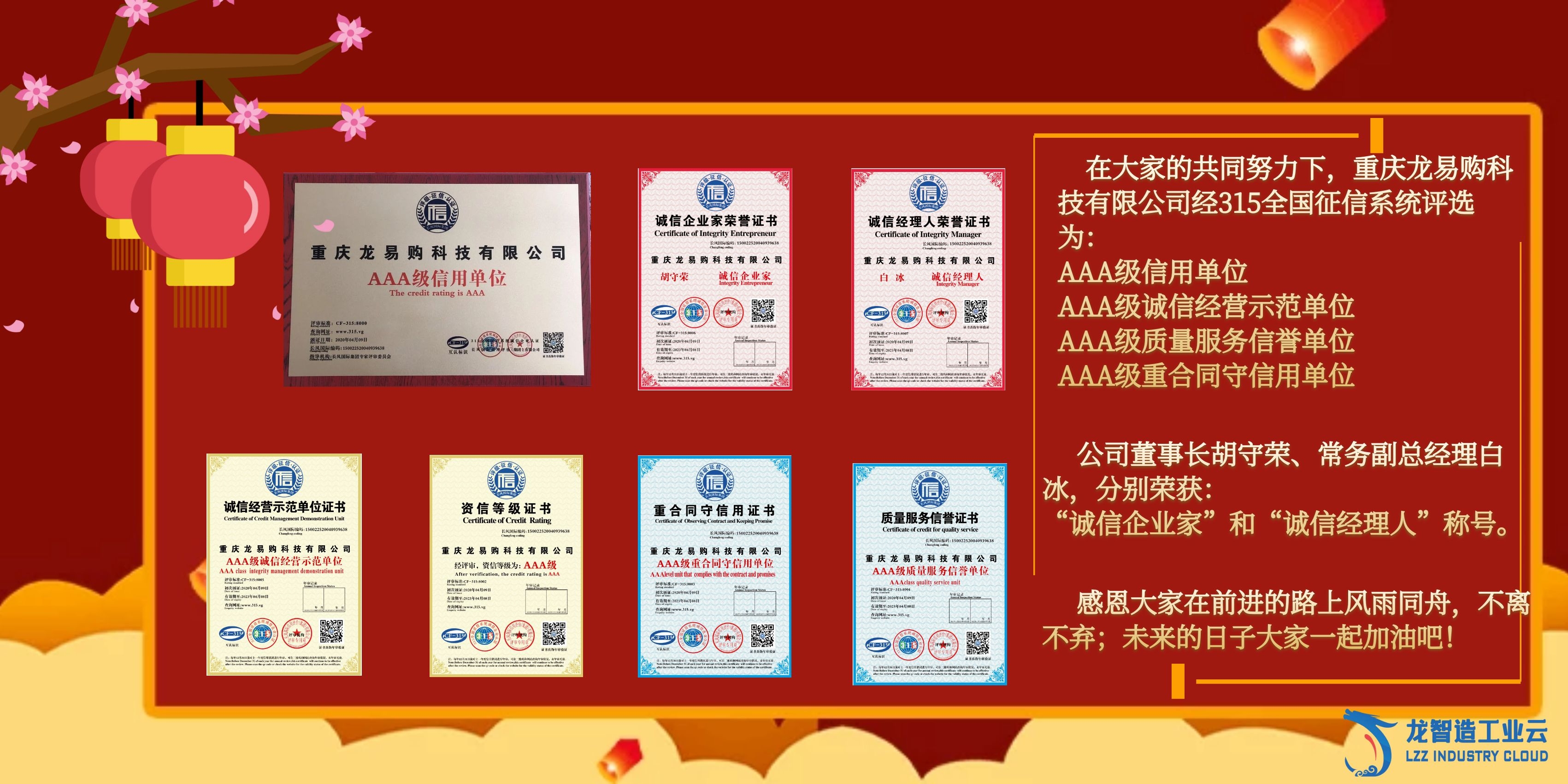 喜報|龍易購榮獲315全國征信系統 “AAA級信用單位”